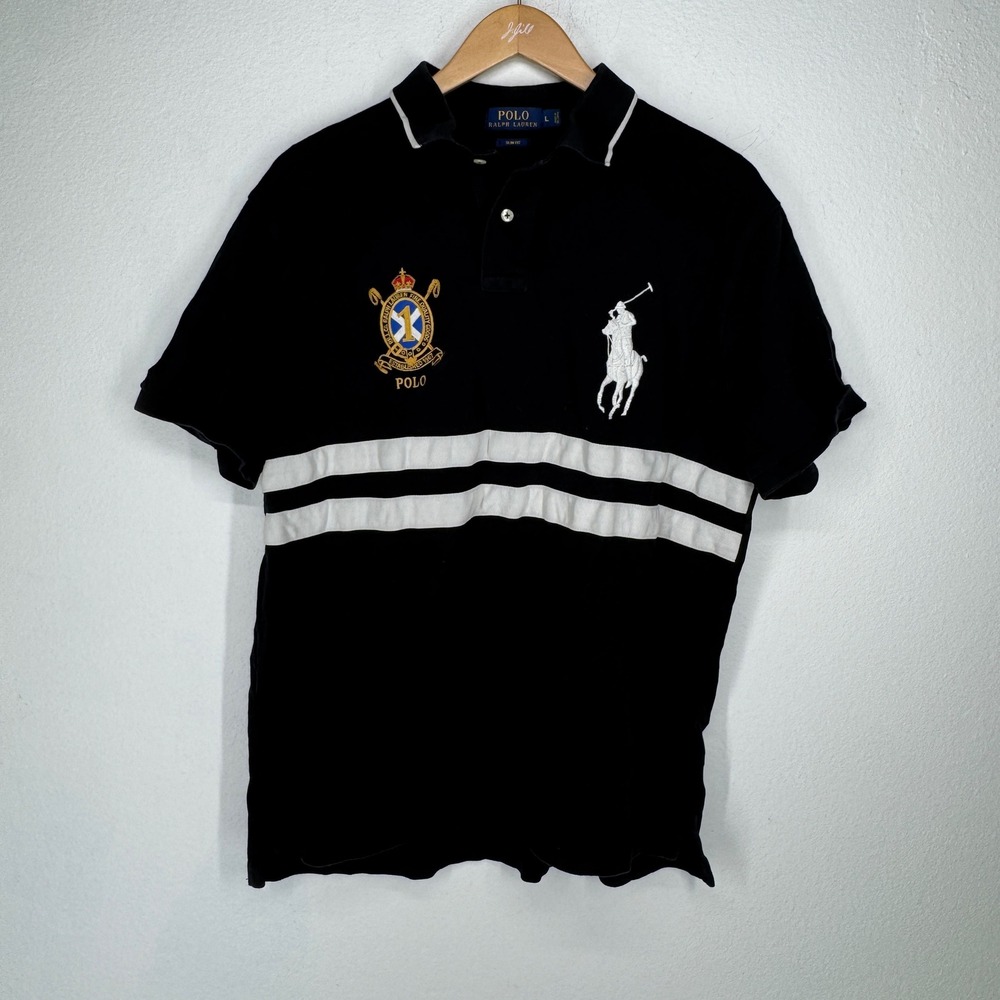 Polo Ralph Lauren Rugby Polo Shirt Men L Black Big Pony Crest Slim Fit Stripe